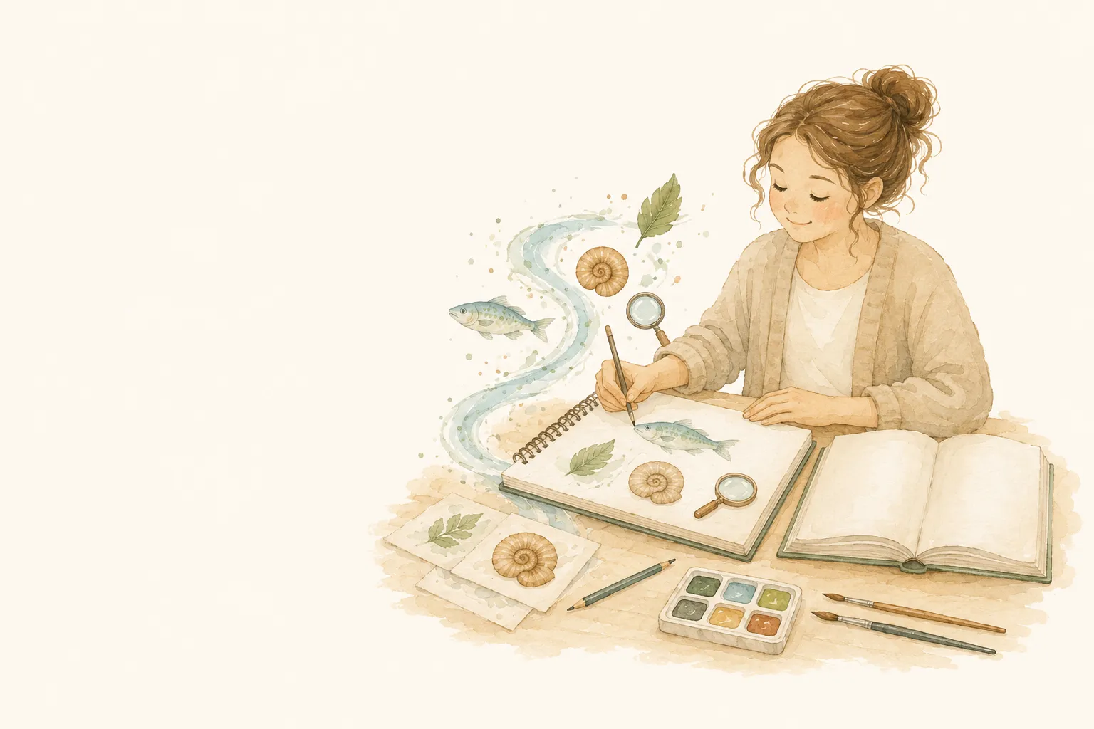 Aquarellillustration von Lina Morgen beim Zeichnen an einem Tisch mit Skizzenbuch, Pinseln und kleinen Entdeckermotiven